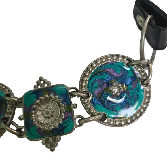 Chico's Vintage Black Leather Enamel Medalian Link Belt Size 30-34 - Picture 2 of 6